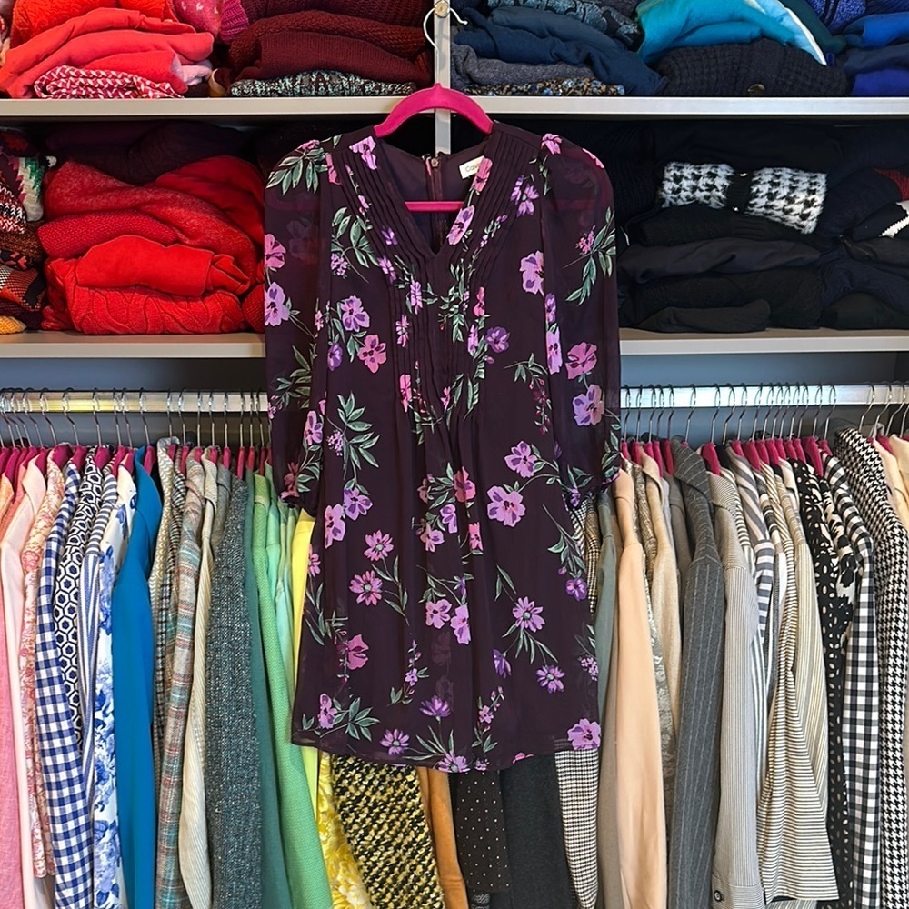 Calvin Klein purple floral print long sleeve pleated v neck mini dress size 0P